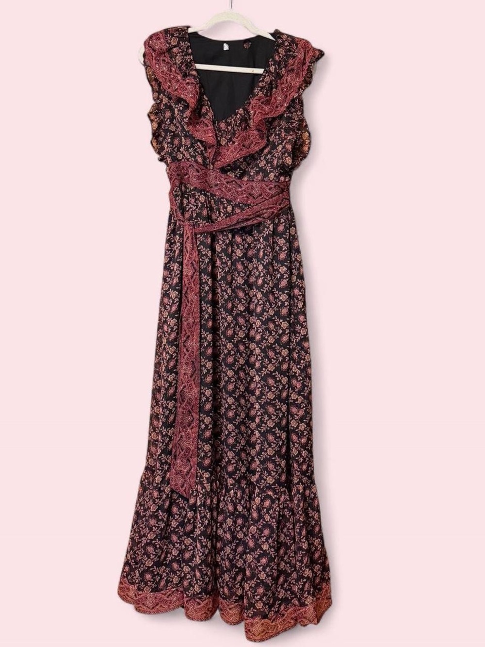 Red and black Indian floral ruffle maxi a-line formal dress